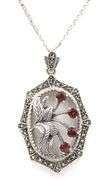 Vintage 925 sterling silver Marcasie and ruby flower style pendant on Gucci style chain necklace
