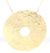 14kt Yellow gold Hammered finish round disc pendant on box chain