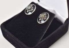 Black Onyx and Marcasite Gemstone Stud Earrings in Sterling Silver