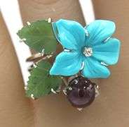 18kt White gold flower turquoise, cab tourmaline and jade leaf and diamond cocktail ring
