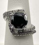 14 Kt White Gold Plate 6.5 Ct Silky Black Moissanite & 30 Count Natural Diamond Bridal Set Ring