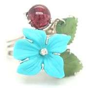 18kt White gold flower turquoise, cab tourmaline and jade leaf and diamond cocktail ring