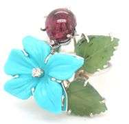 18kt White gold flower turquoise, cab tourmaline and jade leaf and diamond cocktail ring