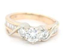 14kt Yellow gold 1ctw round brilliant cut in baguette diamond engagement ring