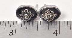 Black Onyx and Marcasite Gemstone Stud Earrings in Sterling Silver