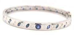 14kt White gold sapphire and diamond burnished set bangle bracelet