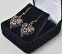 Flower Heart Dangle Earrings in Sterling Silver