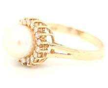 14kt Yellow gold 7.5mm Akoya pearl and diamond halo ring
