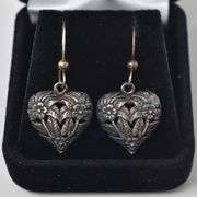 Flower Heart Dangle Earrings in Sterling Silver