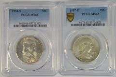 Complete Choice to Gem BU 35-pc set of Franklin Half Dollars in album and 2 PCGS slabs