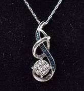 Blue and white Diamond Pendant Necklace in Sterling Silver