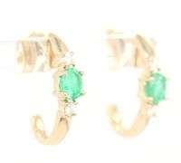 14kt Yellow gold oval emerald and diamond J hoop earrings