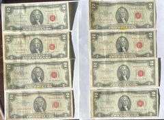 2 Each 1953 1953A B &C 1963 Series Red Seal US Notes.