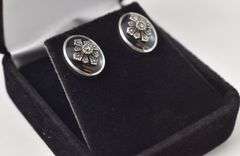 Black Onyx and Marcasite Gemstone Stud Earrings in Sterling Silver