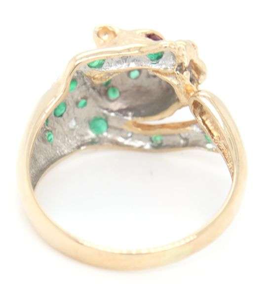 14kt Yellow gold emerald, diamond and ruby eyes panther ring