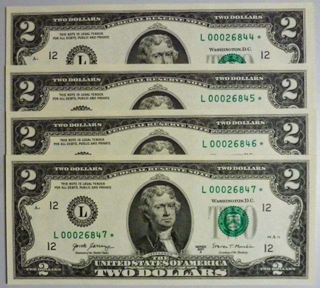 (4) Superb Crisp 2017A $2 Star Notes San Francisco-With Consecutive Low Serial Numbers!