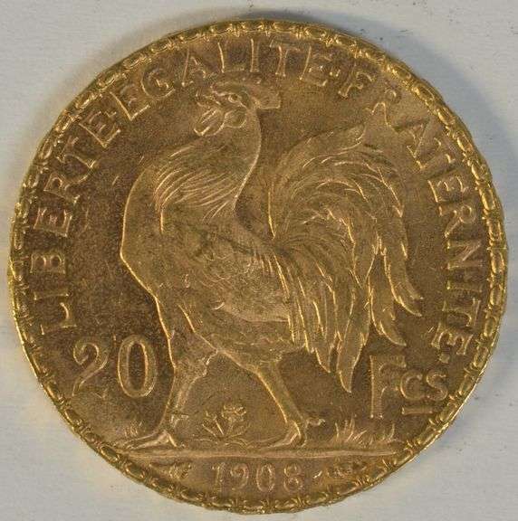 Gem BU 1908 France 20 Francs Gold 'Rooster'