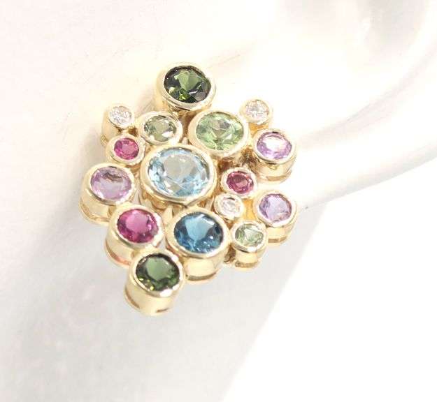 14kt Yellow gold multi color gemstone and diamond bubble stud earrings