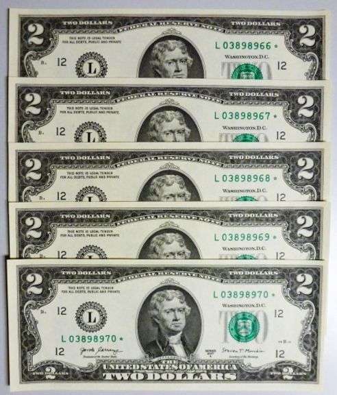 (5) Superb Crisp 2017A $2 Dollar Star Replacement Notes San Francisco Consecutive!
