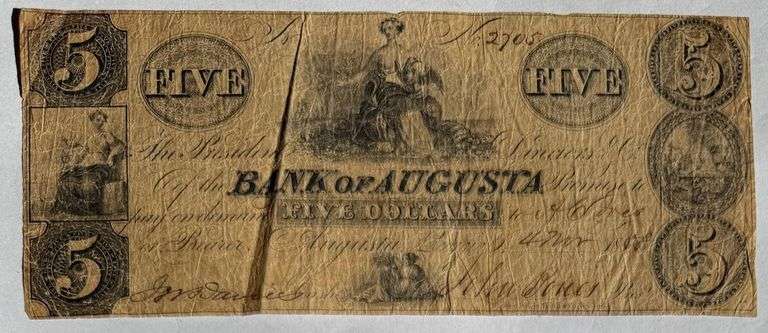 Nov 4 1858 $5 Bank of Augusta Georgia Note