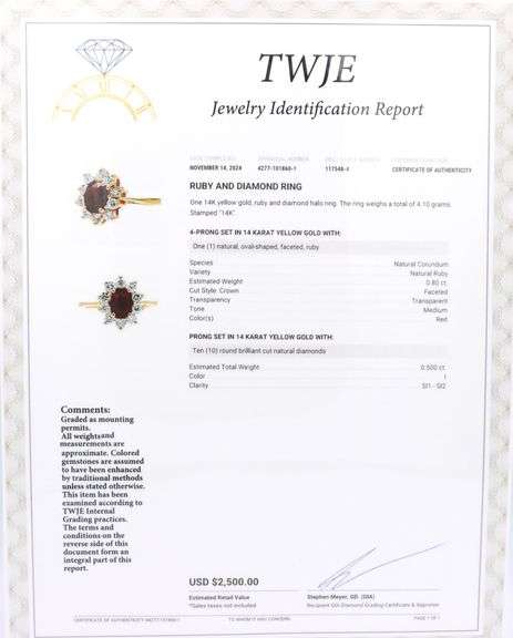 14kt Yellow gold oval ruby and diamond halo ring