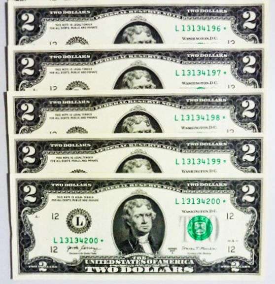 (5) Superb Crisp 2017A $2 Dollar Star Replacement Notes San Francisco Consecutive!