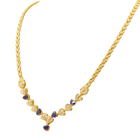 20k Yellow Gold Natural Heart Sapphire and Diamond Necklace
