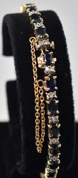 Beautiful 14K Yellow Gold Blue Sapphire Gemstone and Diamond Tennis Bracelet