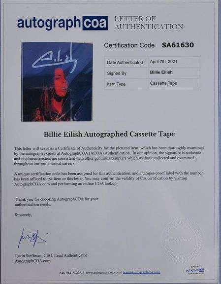 Billie Eilish Autographed Direct From Her Cassette Tape Sealed ACOA