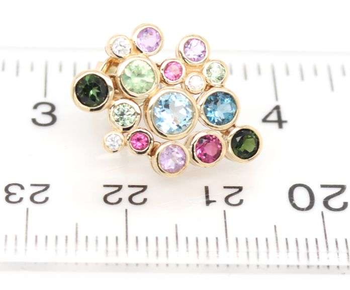 14kt Yellow gold multi color gemstone and diamond bubble stud earrings