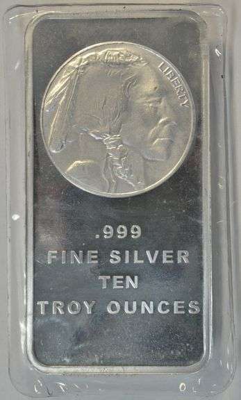 Cameo Prooflike 10 Troy Oz pure .999 Fine Silver Buffalo Bar in plastic