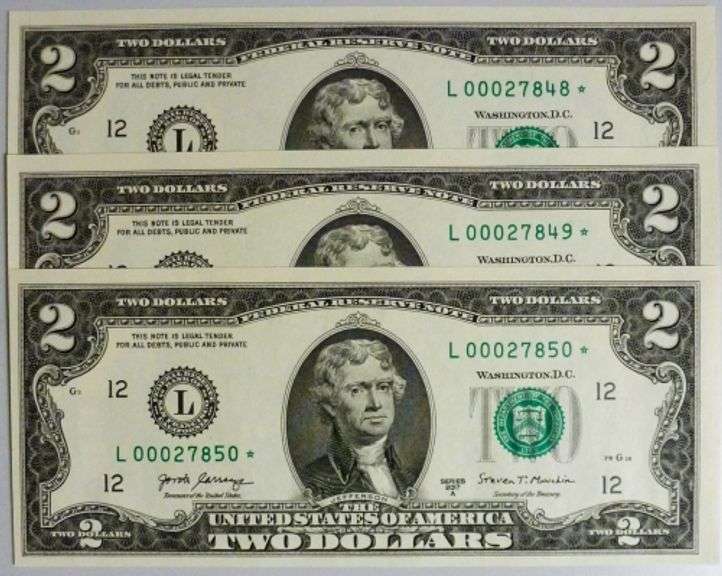 (3) Superb Crisp 2017A $2 Star Notes San Francisco-With Consecutive Low Serial Numbers!