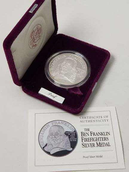 1992 P Proof 1oz .999 Silver Ben Franklin Firefighters Silver Medal w/ Box & COA