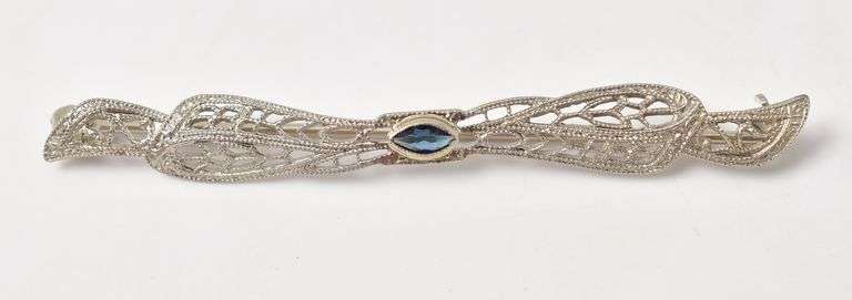 Brilliant Blue Sapphire Filagree Pin in 10K White Gold