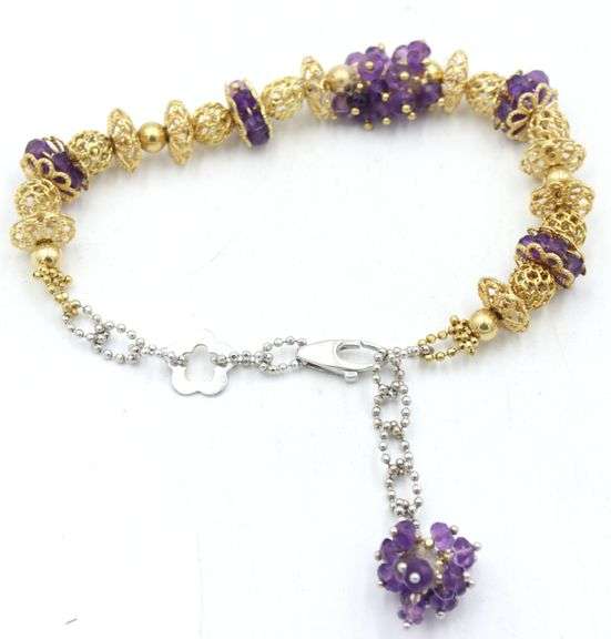 Set of two tone Filigree Indian style gold and amethyst beads necklace, bracelet and dangle earrings