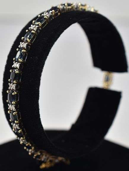 Beautiful 14K Yellow Gold Blue Sapphire Gemstone and Diamond Tennis Bracelet