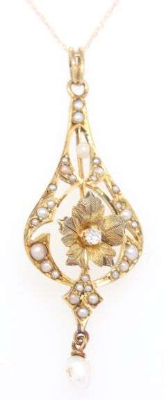 Art Nouveau Seed pearl and diamond teardrop dangle pendant on chain