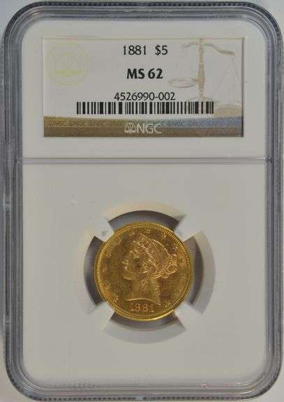 Semi-Prooflike Choice BU 1881 US $5 Liberty Gold Piece. NGC MS62
