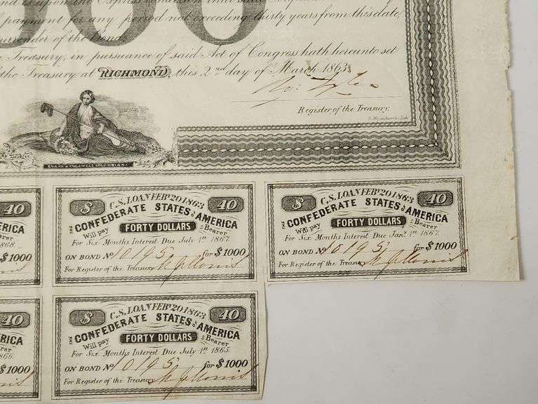 1863 Confederate State of America Loan CSA $1000 Civil War Bond