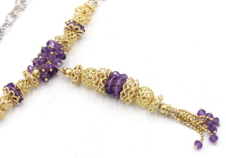 Set of two tone Filigree Indian style gold and amethyst beads necklace, bracelet and dangle earrings