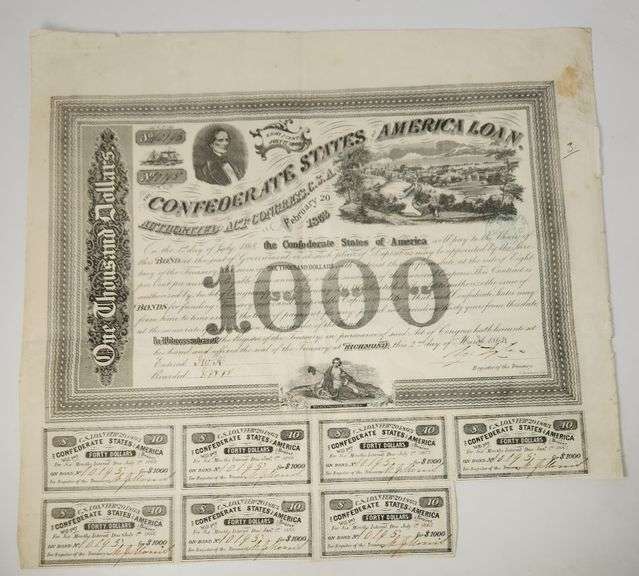 1863 Confederate State of America Loan CSA $1000 Civil War Bond