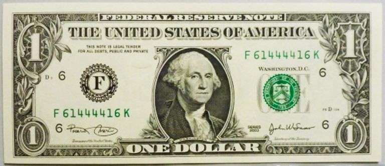 Superb Crisp 2003 $1 Note Atlanta Fancy Radar Serial Number 61444416!