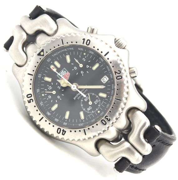Tag Heuer SEL chronograph quartz black leather strap watch