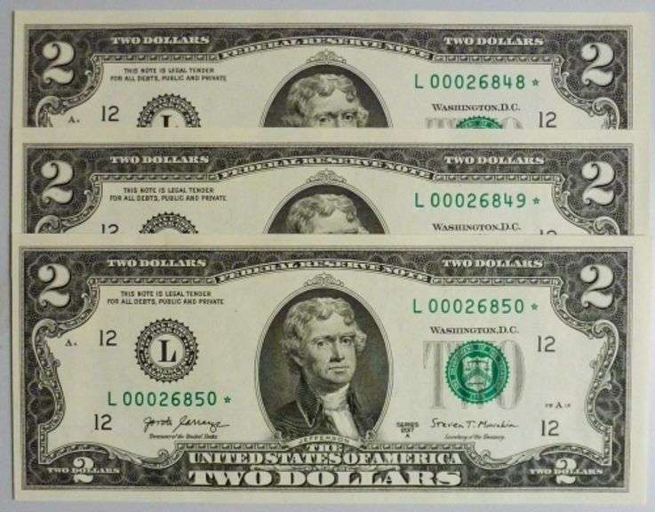 (3) Superb Crisp 2017A $2 Star Notes San Francisco-With Consecutive Low Serial Numbers!