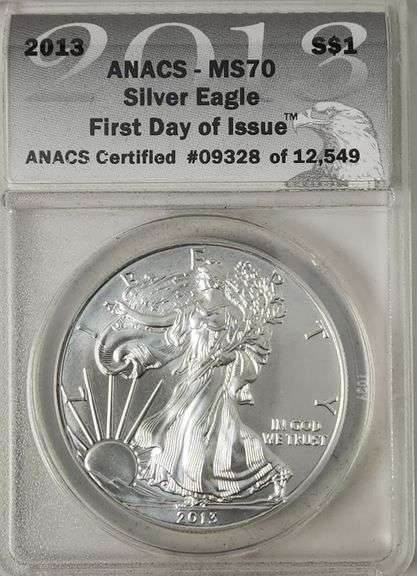 2013 SILVER EAGLE ANACS MS-70, FDOI With Wooden Box