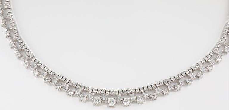 14.20ctw Baguette and Round Diamond Station Link Necklace in 18K