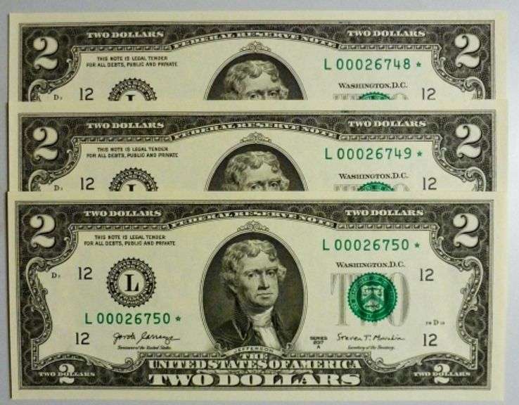 (3) Superb Crisp 2017A $2 Star Notes San Francisco-With Consecutive Low Serial Numbers!