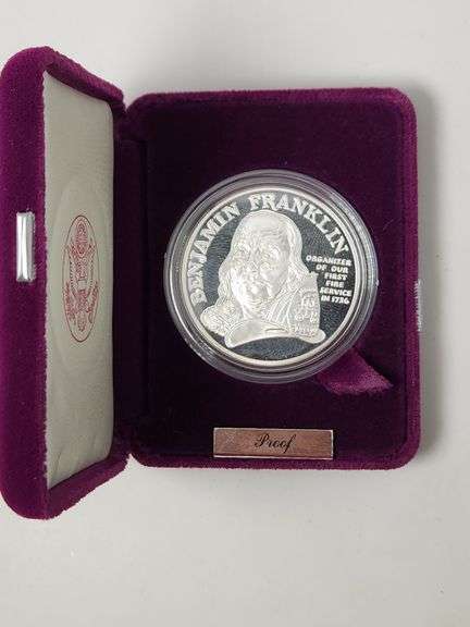 1992 P Proof 1oz .999 Silver Ben Franklin Firefighters Silver Medal w/ Box & COA