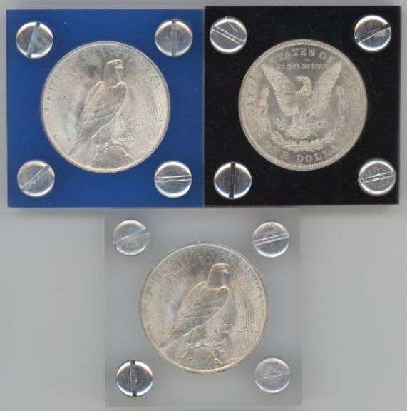 BU 1921 Morgan, and Peace Silver Dollars from 1922 & 1923. Custom holders