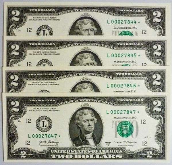 (4) Superb Crisp 2017A $2 Star Notes San Francisco-With Consecutive Low Serial Numbers!